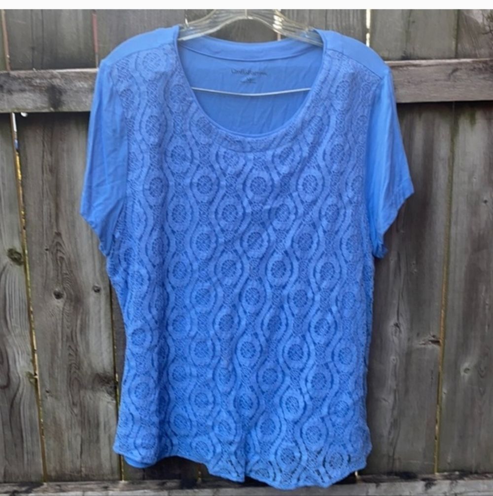 Crocheted Overlay Blue Women’s Short Sleeve Top